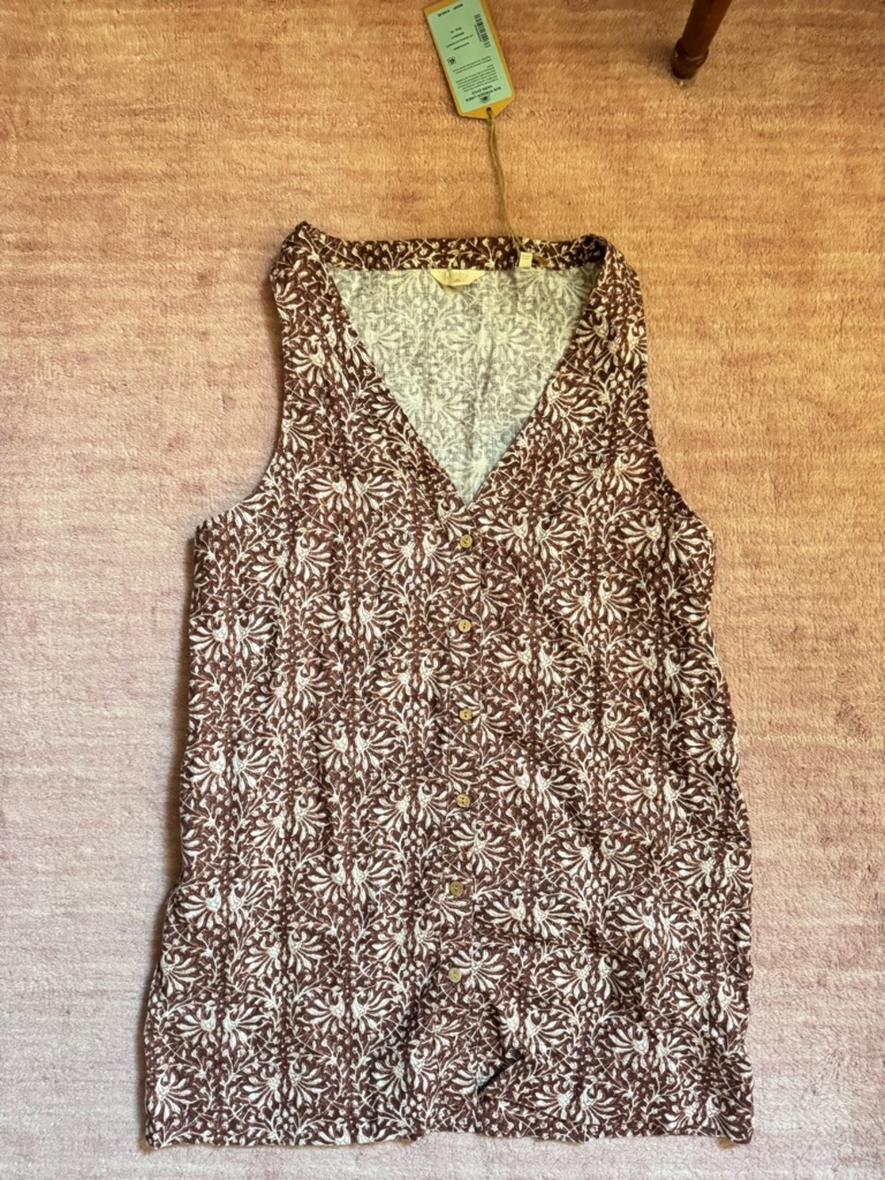 Sleeveless V-Neck Rust Brown Floral Button-Front Women’s Dress